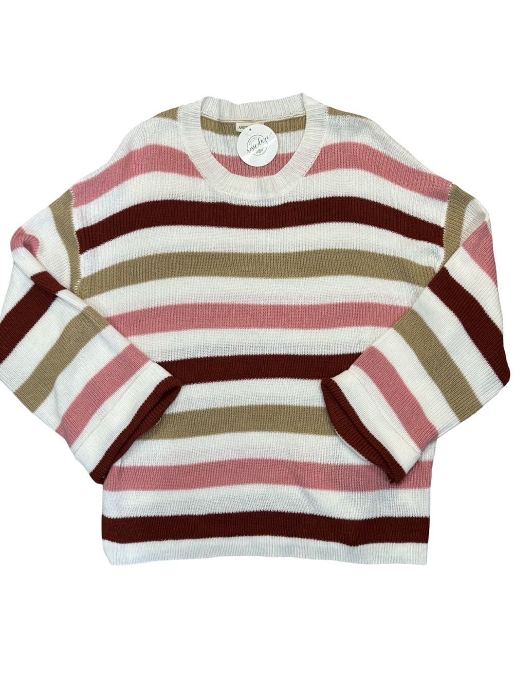 Striped Crewneck Sweater in Pink, White, Tan & Maroon - Women